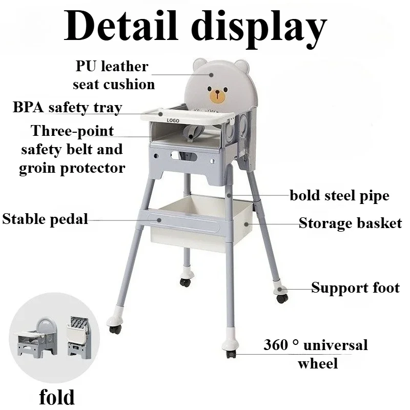 كرسي مرتفع للأطفال 3 في 1، كرسي مرتفع قابل للتحويل للأطفال الصغار، معزز للسفر مع صينية طعام، دب محمول مدمج قابل للطي