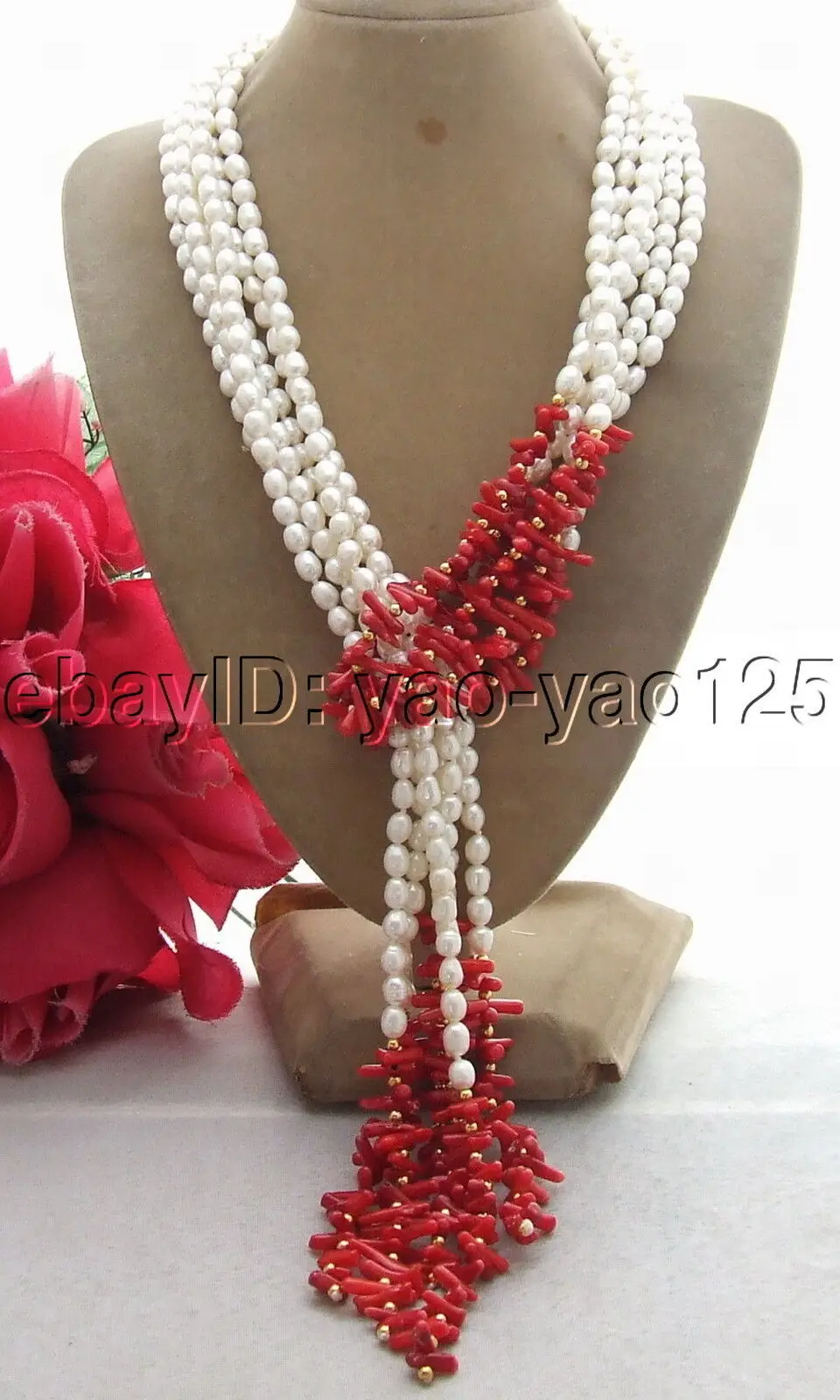

3Strds 50" White Pearl red Coral Necklace Long necklace