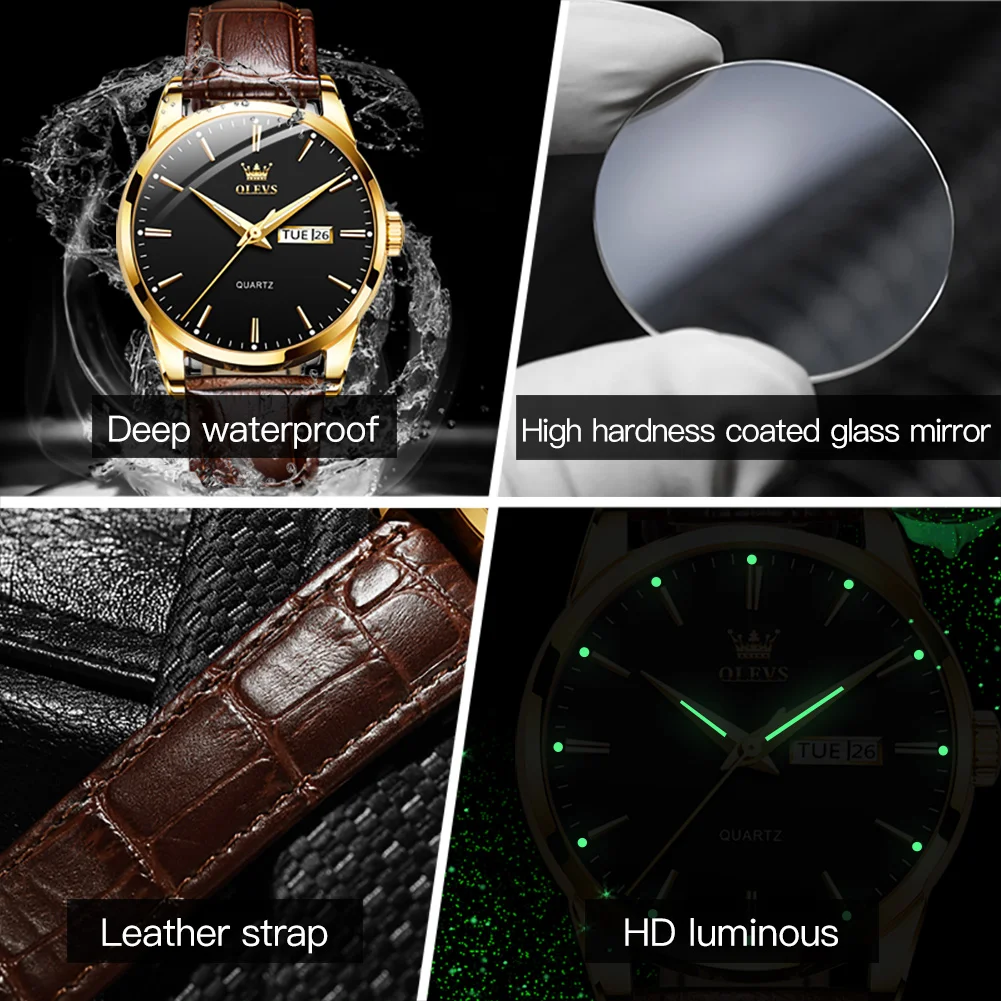 OLEVS 6898 Simple Quartz Watch For Men Week Calendar Display Leather Wristwatch Original 30M Waterproof Luminous Man Dress Watch