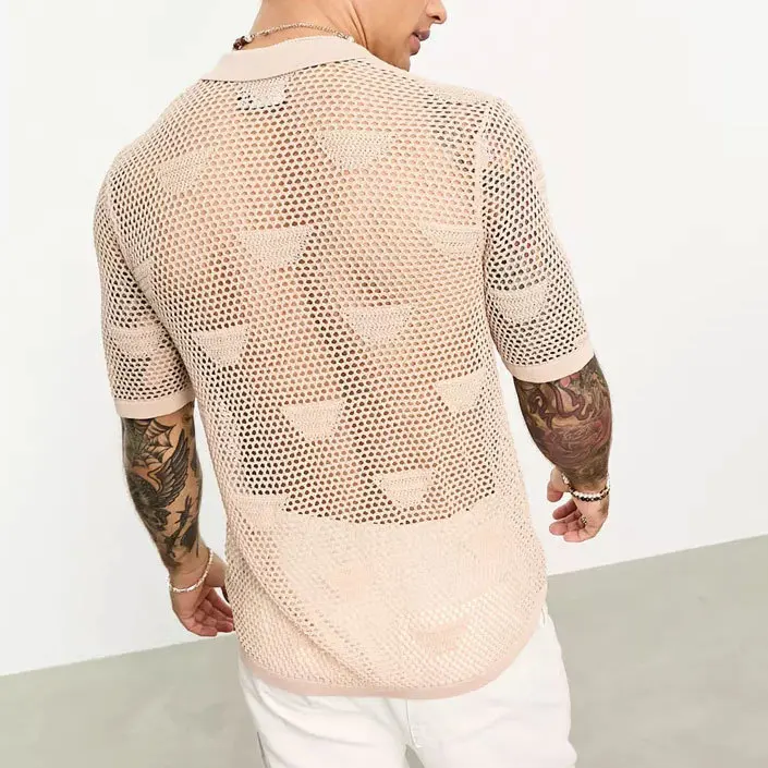 Loose Casual Mesh Hollowed out Shirt Men's Short Sleeve  Neck Short Length Ultra Lightweight Breathable Comfortable Cotton