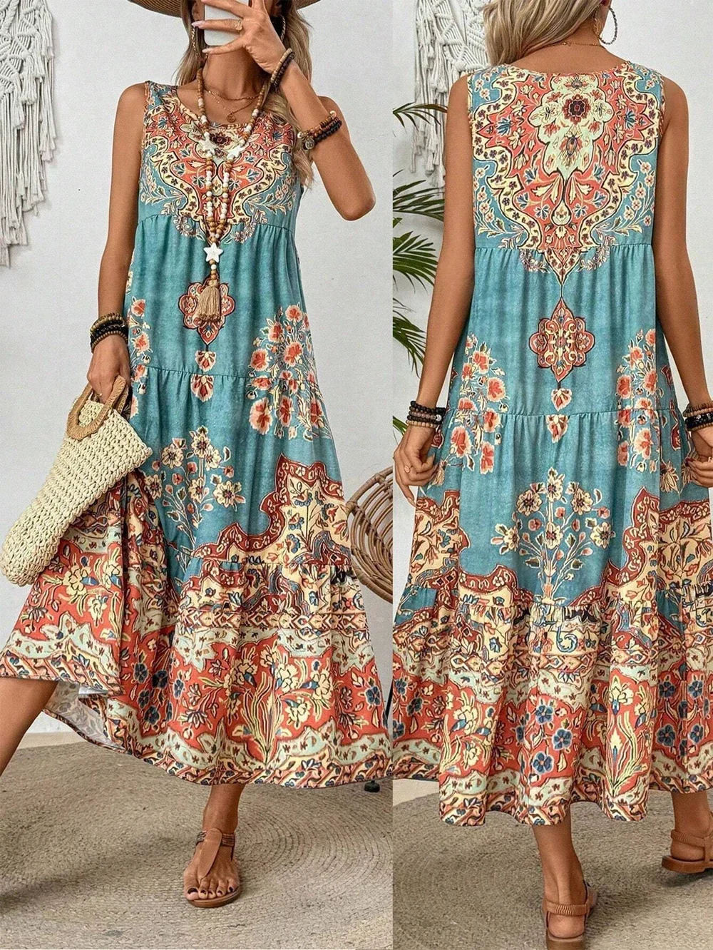 Holidaya Damen Sommerkleid mit Blumendruck, Rundhalsausschnitt, ärmellos, für Freizeit oder Urlaub, Maxi-Urlaub, Strand-Outfits für Damen