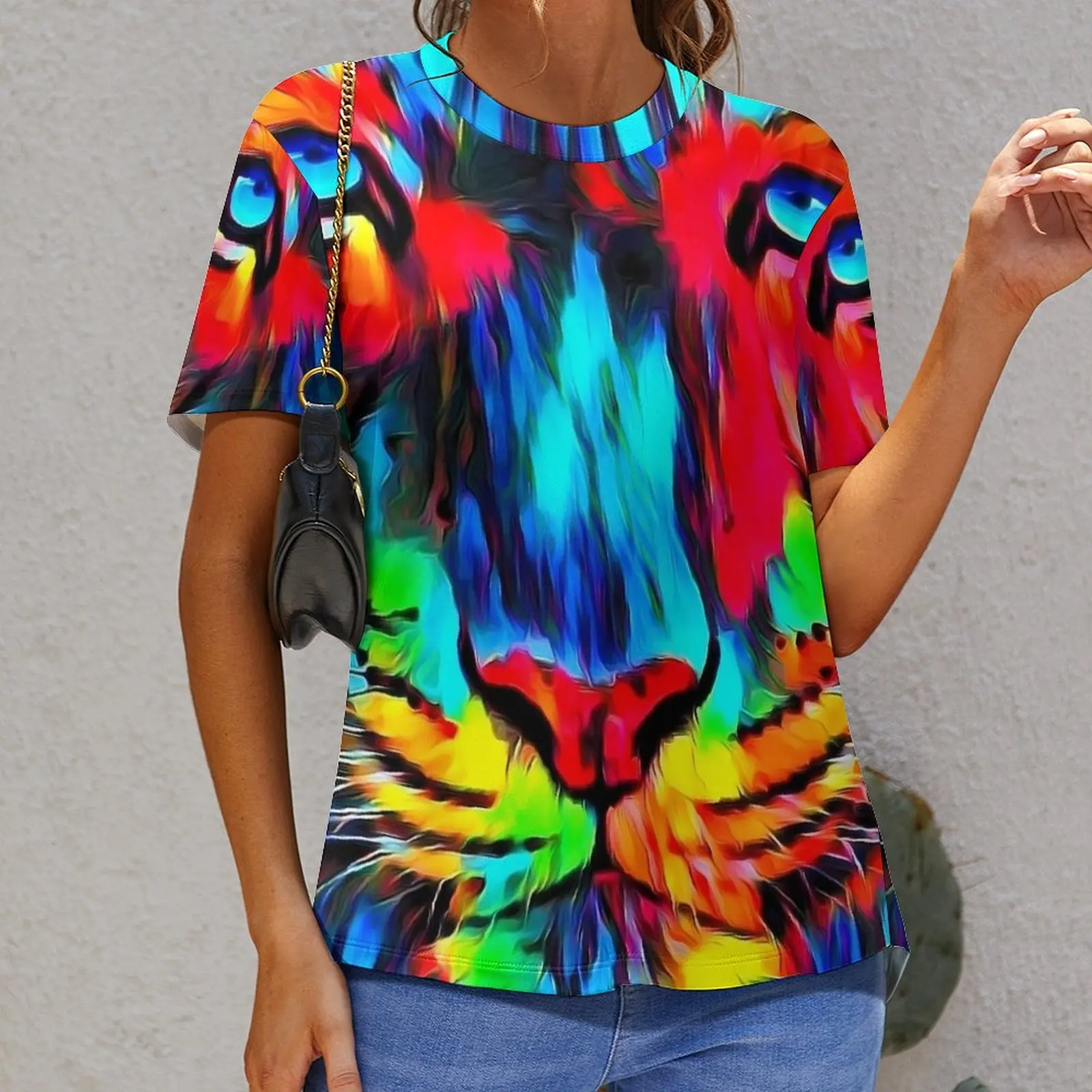 Tger Look Art Painting T-Shirt O Neck Abstract Animal Oversized T-Shirts Short-Sleeve Street Wear Tees Women Summer Design Tops