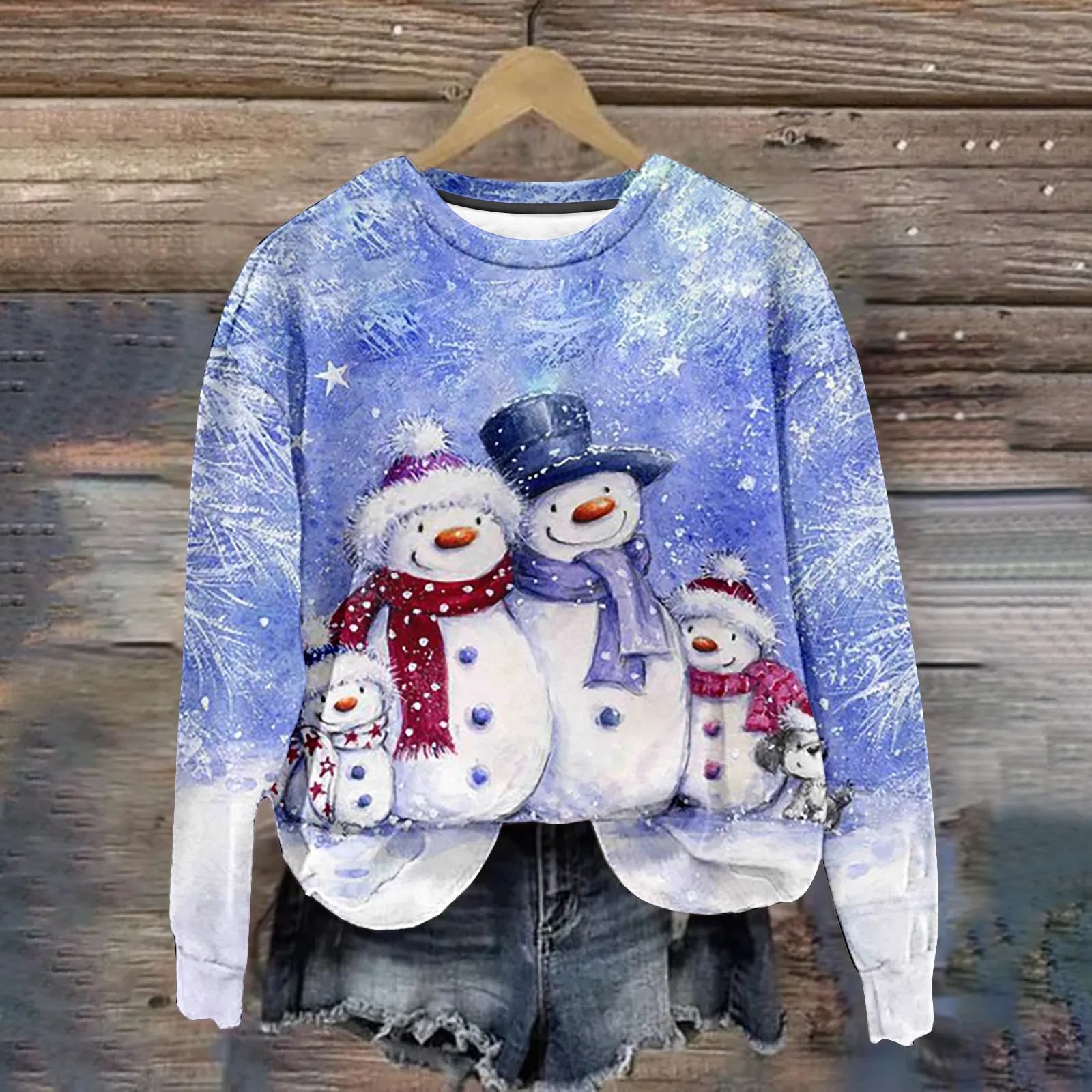 Women\'s Long Sleeve Christmas Sweater, 3D Snowmen Print Sweatshirts, Oversized T-Shirt, Fashion Design Apparel, New