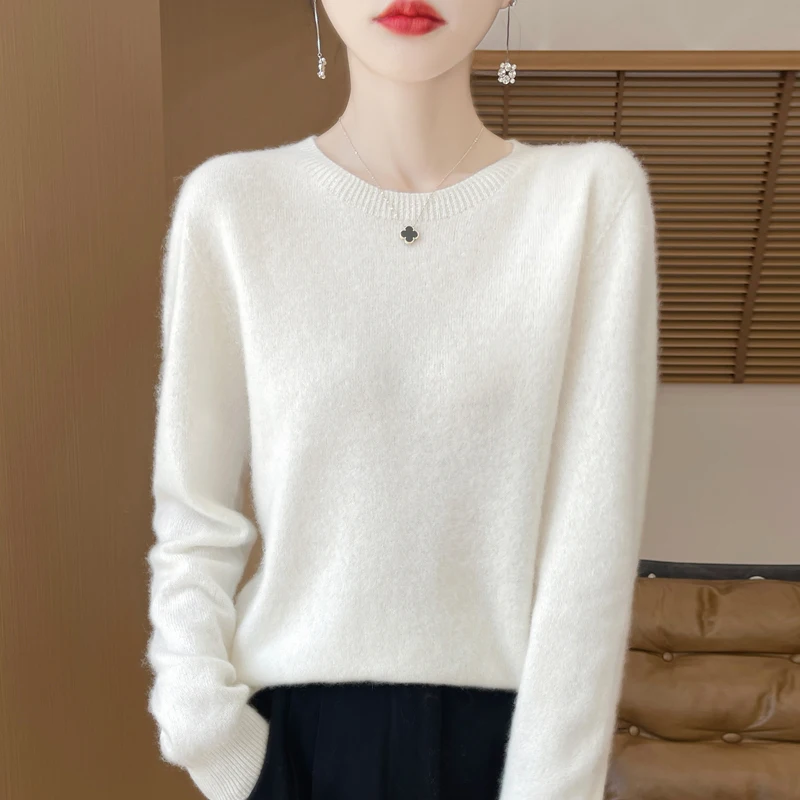 

Classic women's wool knitted pullover sweater round neck long sleeved solid color sweater, high-quality warm base top