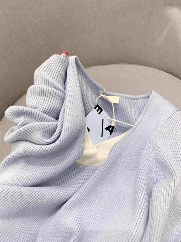 Blue Fake Two Pieces Sweater Women Spring Autumn New V-Neck Long Sleeves Elegant Knitted Pullovers Fashion Trend Undershirt