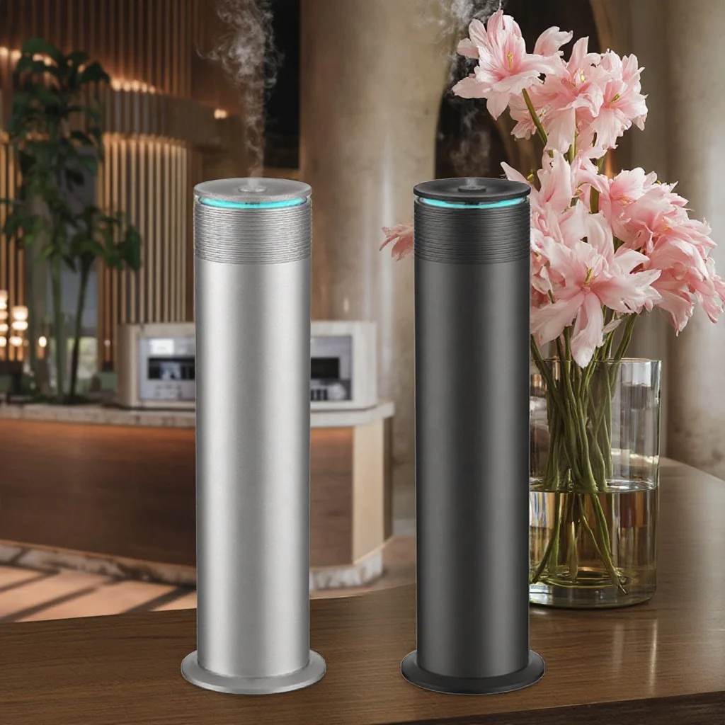 Difusor de aroma de torre de aceite esencial inteligente sin agua para hotel mayorista Difusor de aroma cilíndrico negro plateado para uso doméstico