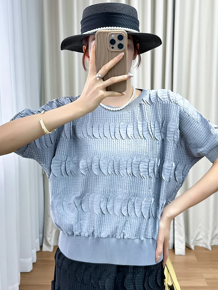 

Summer Short Sleeve round Neck Commute Pure Color Women's T-shirt Pleated Design Halved Bifold Casual Versatile Top