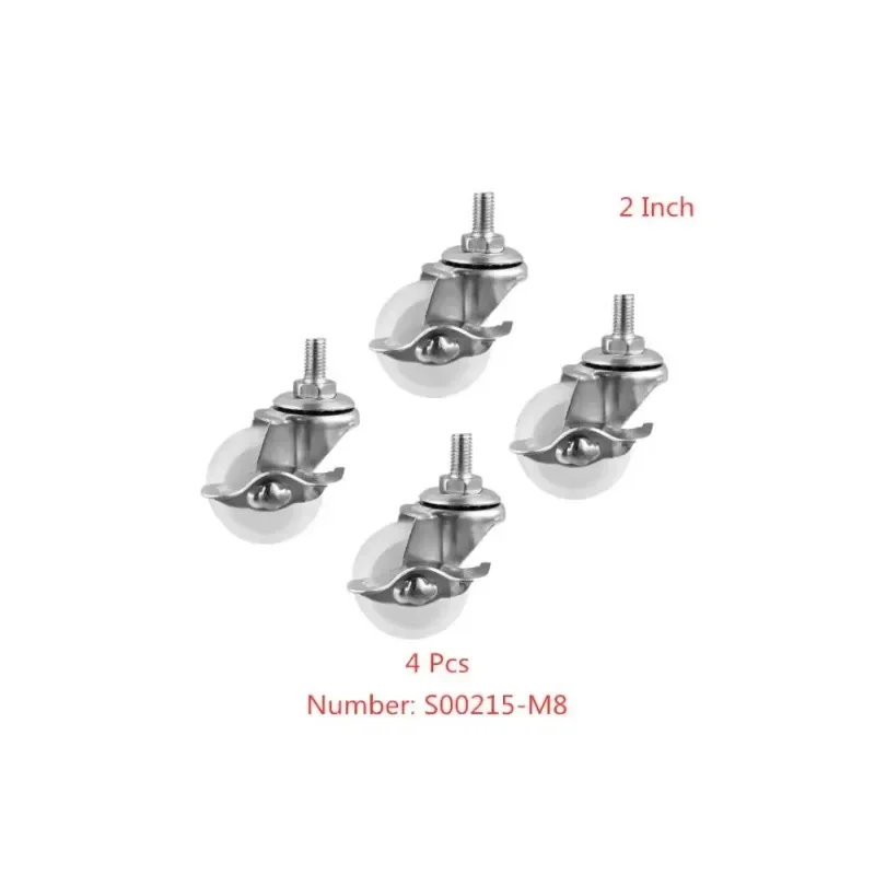 4 Pcs Casters 2 Inch M8 Screw With Brake Wheel Light White Pp Wear-Resistant Universal Roller Supermarket Shelf 90KG
