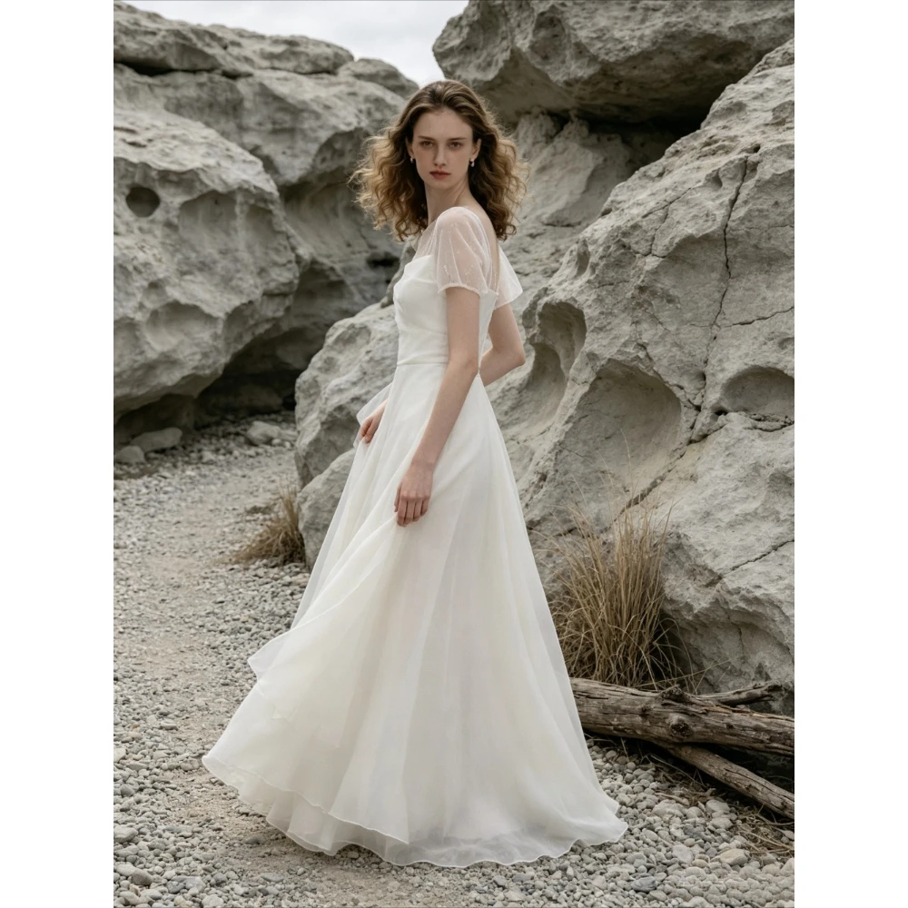 Customized Square Neckline Satin A-line Wedding Dress Transparent Fluffy Sleeves Slim Fit Bridal Gown Suitable for The Beach