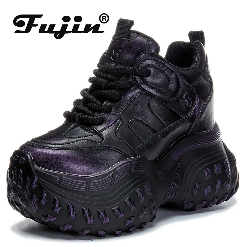 Fujin 12cm microfibra cuero genuino zapatillas gruesas plataforma cuña zapatos de primavera botines mujeres vulcanizar moda Otoño