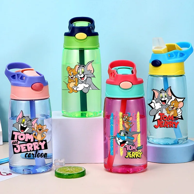 Tom and Jerry 480ml Water Bottle with Straw Cartoon Anime Pattern Large Capacity Water Cup Unisex Outdoor Portable Bottles Gifts