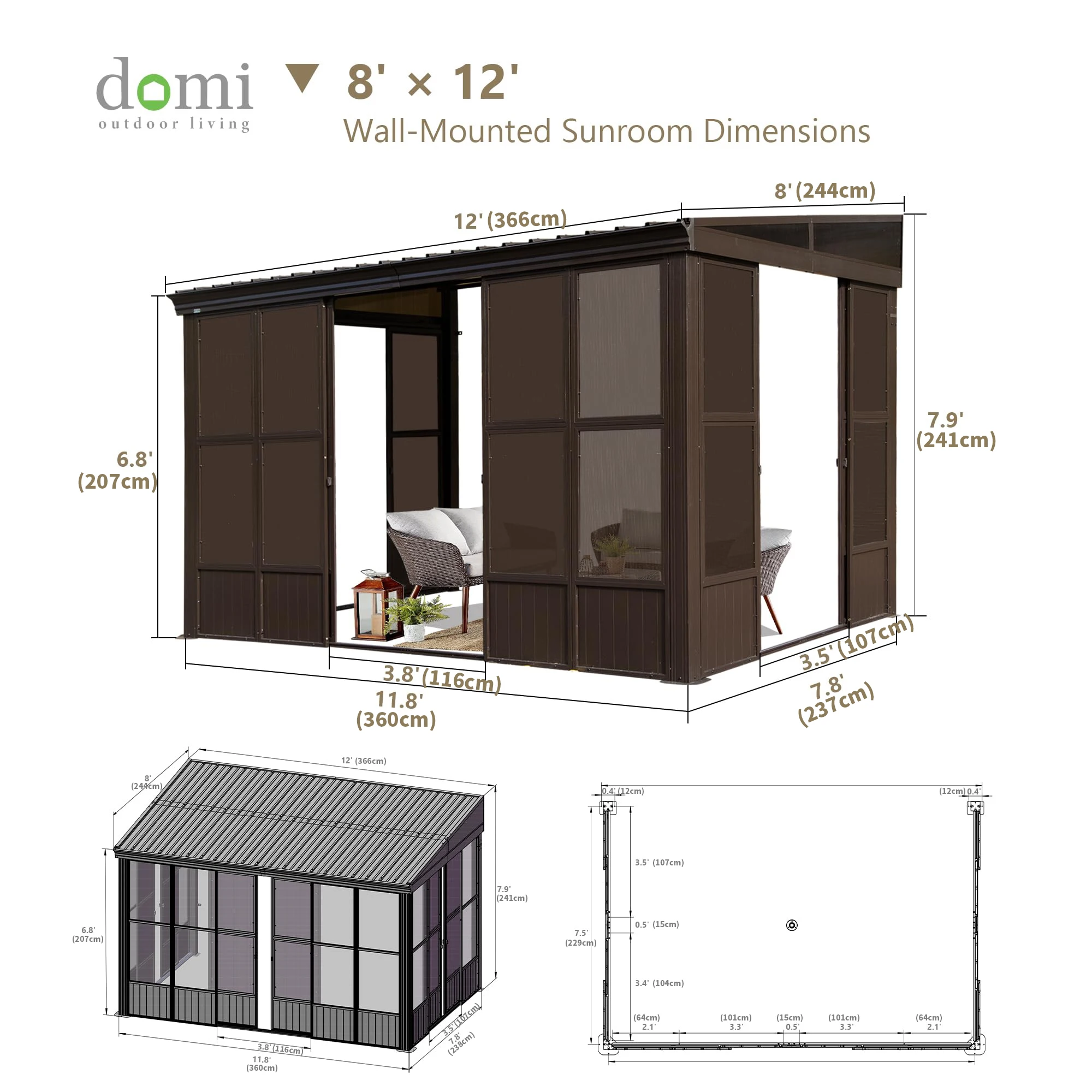 ！@Outdoor Permanent Sun Room Lean Gazebo Deck Patio Wall Mounted Galvanized Steel Sloping Roof Moveable Canopy Pergola