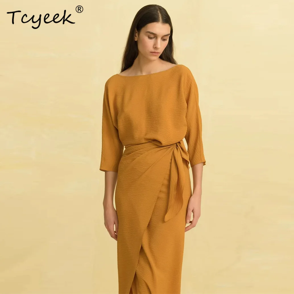 Tcyeek 17mm 100% vestido de chá de seda amoreira, mulher pérola cetim fora do ombro meia manga moda maxi vestido, 2025 summerd54604jf