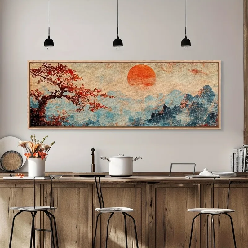 

Vintage Japanese Landscape Frameless Canvas Art Sunset Maple Tree Mountain Scene, for Living Room, Office, Living Room Wall Art