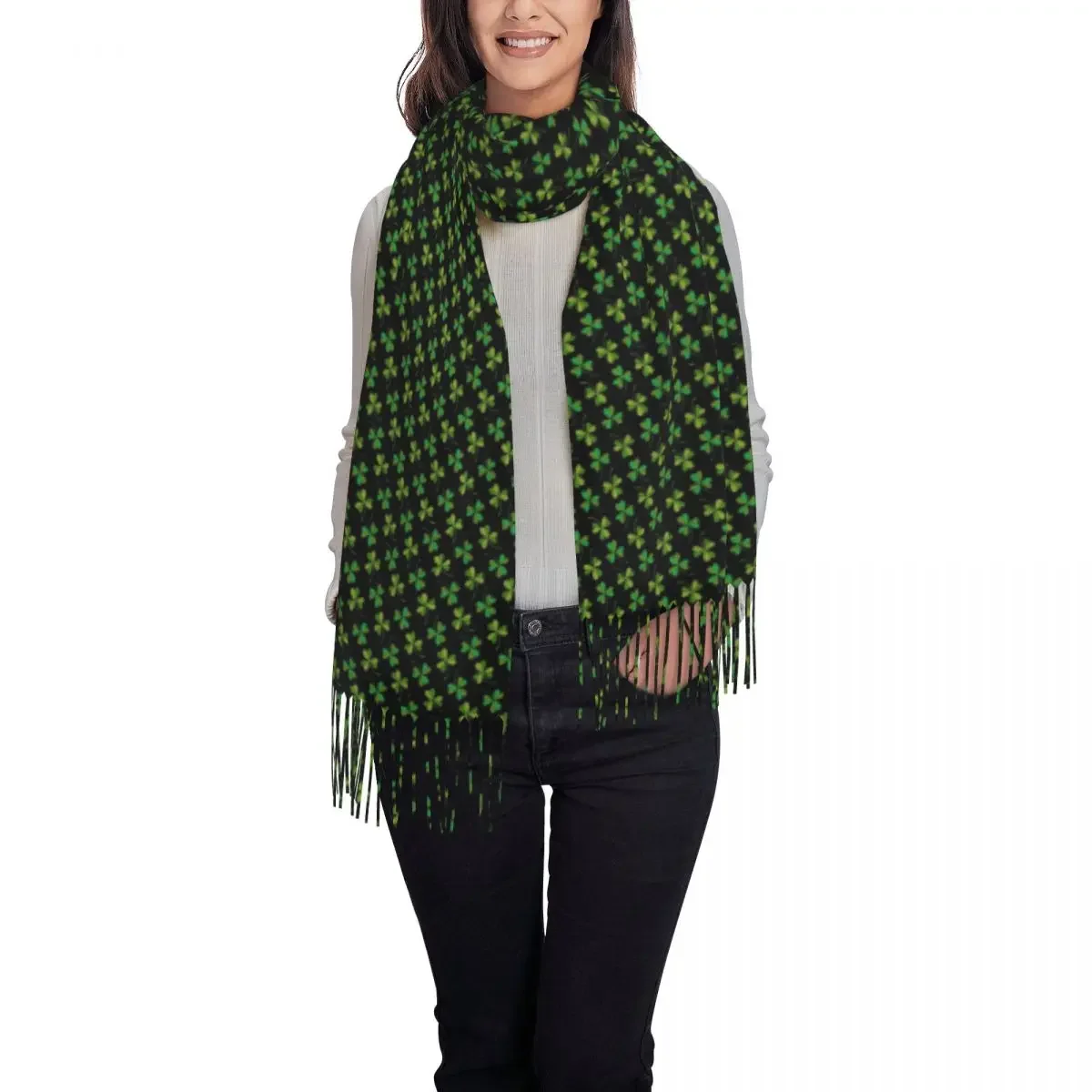 Cute Shamrock Print Scarf with Long Tassel St Patricks Day Warm Soft Shawl Wraps Men Women Design Head Scarves Winter Bandana