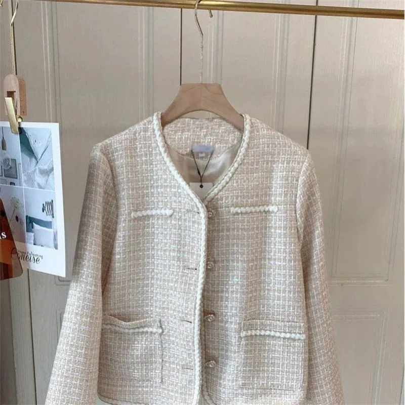 2024 Autumn Winter New Coat Advanced Sense Blue Tweed Woven Jacket Women French Temperament Outwear Small Fragrance Tops Female