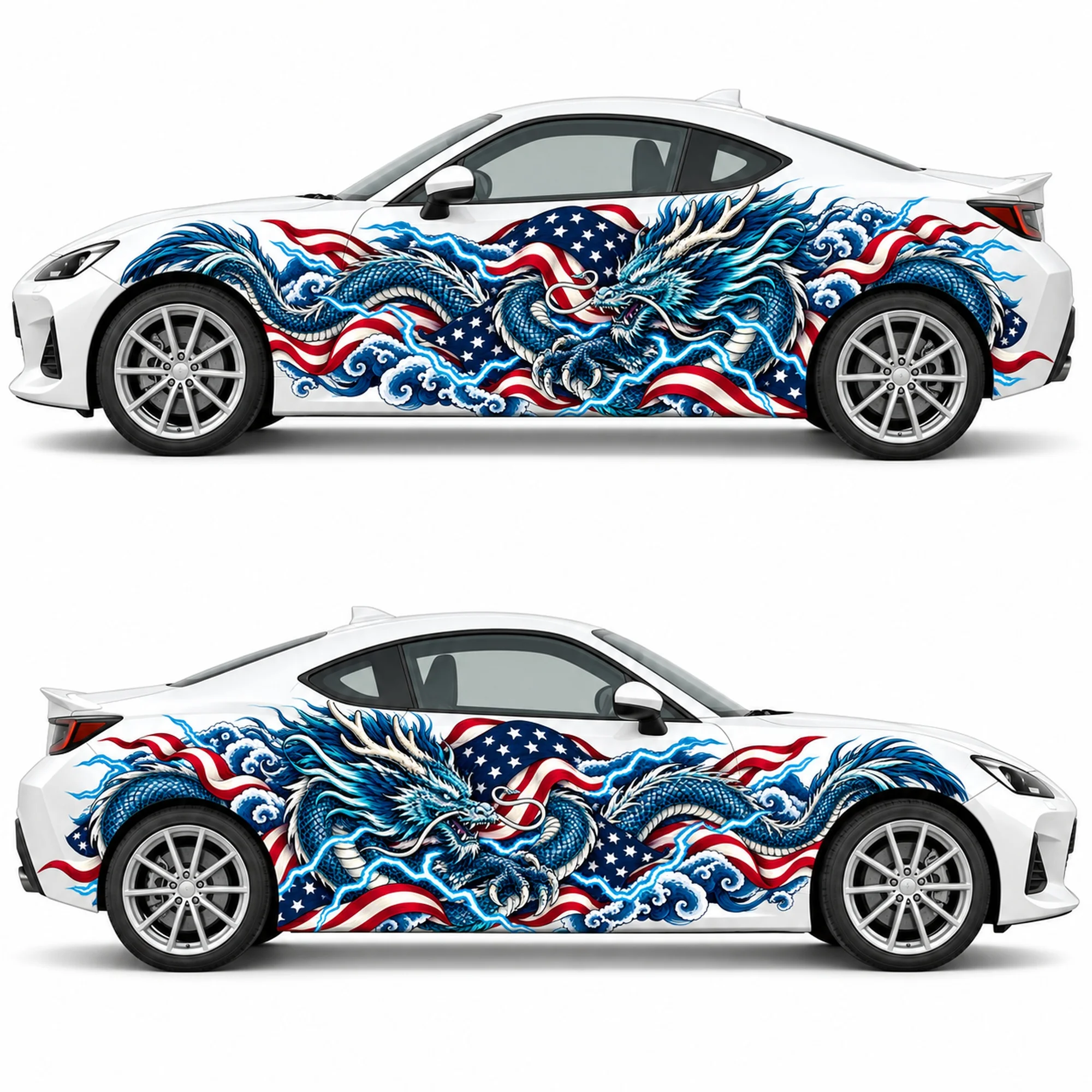 2 PCS American Flag Azure Thunder Dragon Car Side Decals, Die-Cut Vinyl Sticker Set