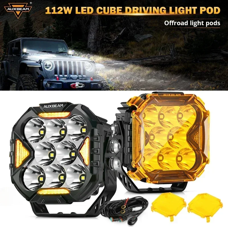 AUXBEAM 4 Inch 112W LED Cube Driving Light with Harness for Truck Pickup Offroad (Spot/Flood/Combo Beam)