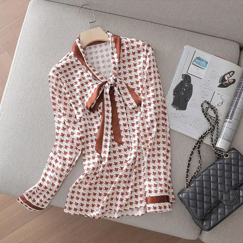 Houndstooth impressão moda elegante chique arco escritório senhora camisa primavera outono manga longa simples blusa topo roupas femininas