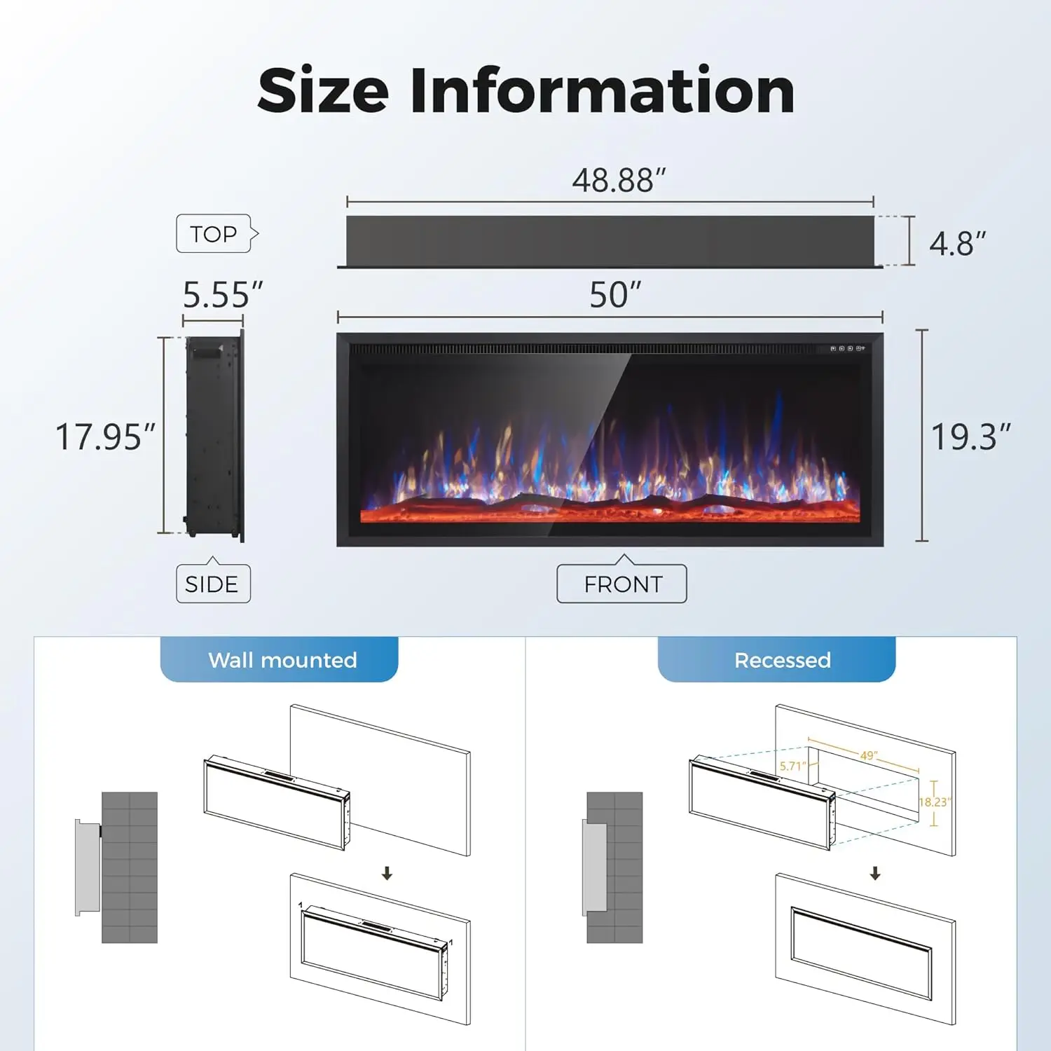 Slimline Wall-Mounted Electric Fireplace Heater, Recessed Design with Remote Control