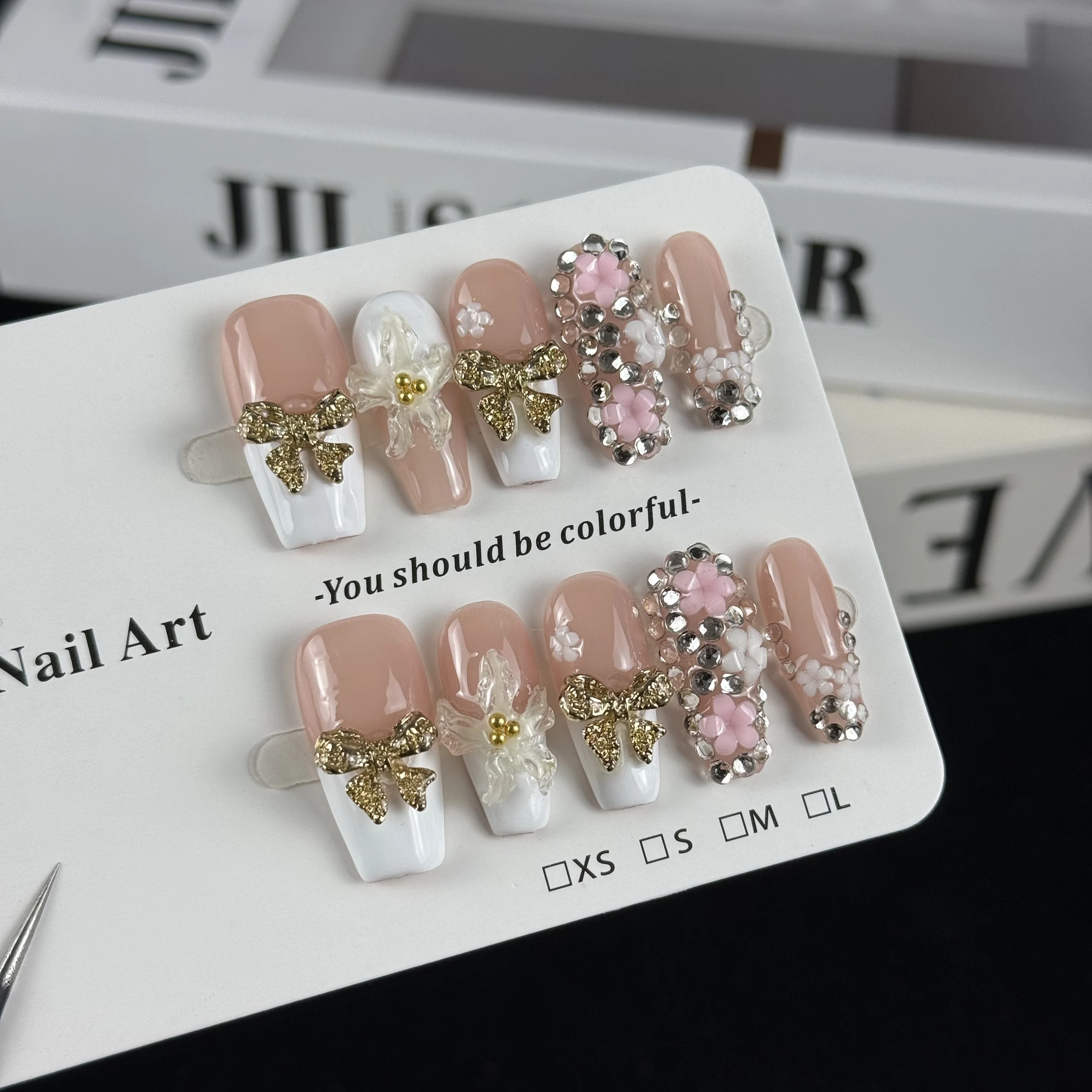 10pcs high-end Luxurious retro style, hand-painted three-dimensional patterns, bow knots, glittering stacked diamonds handmade