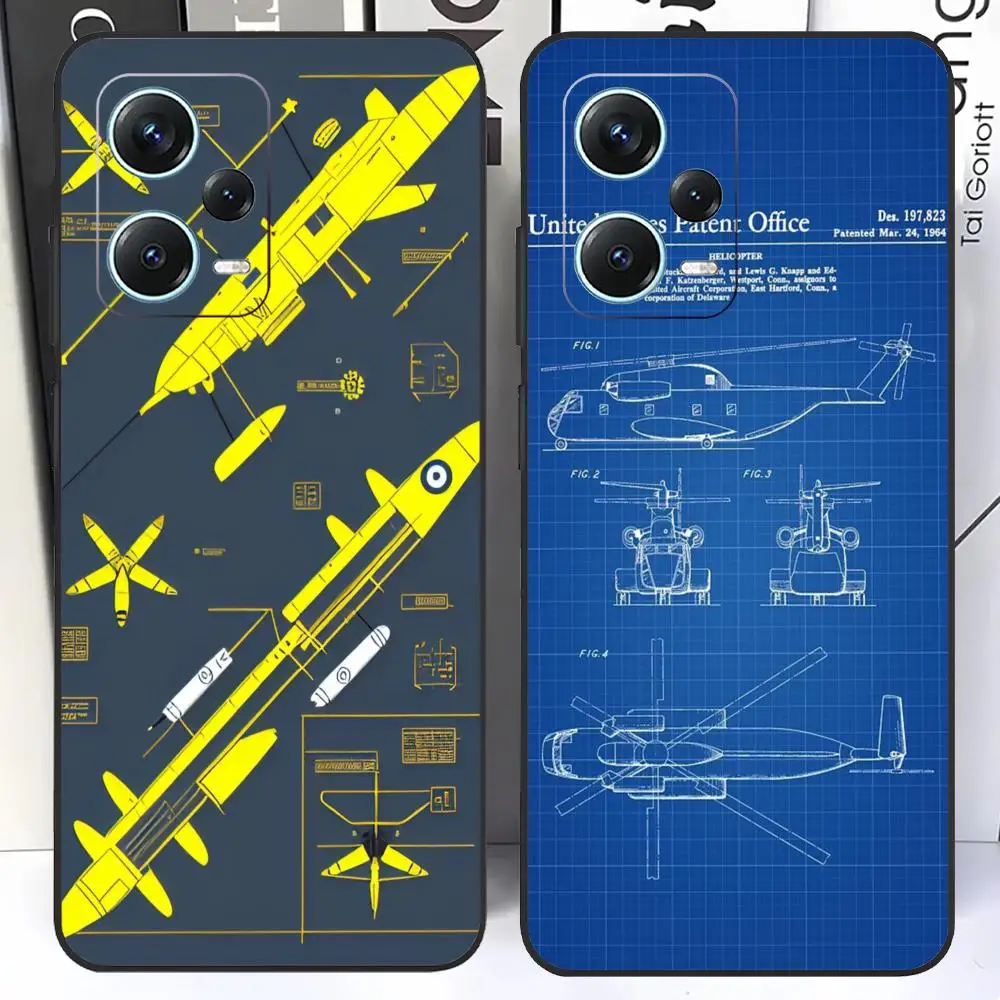 

Aircraft blueprint Phone Case For Redmi Note 13 Pro Plus 12 11 A3X A1 A2 13C 12C Black Cases