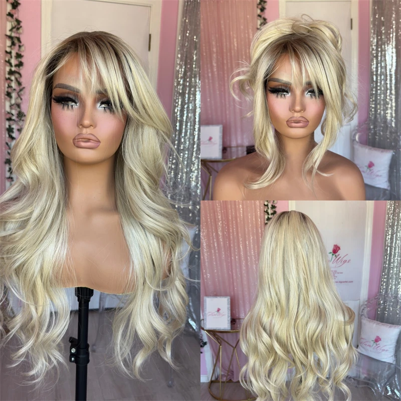 

Synthetic Lace Front Wig Ombre Golden Blonde Highlights HD Lace Front Wig with Bangs PrePlucked Hairline For Women Glueless Wig