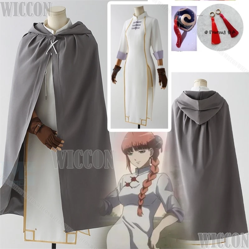

Kamui Kagura Mother Jiang Hua Аниме GINTAMA Косплей Китайский стиль Белый Cheongsam Серый плащ Парик Головные уборы Уши Женский наряд Cos