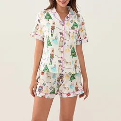 Nutcracker Pajamas Women Christmas Pajama Set Short Sleeve Tops+Elastic Waist Shorts Santa Claus Avatar Print Sleepwear Outfits