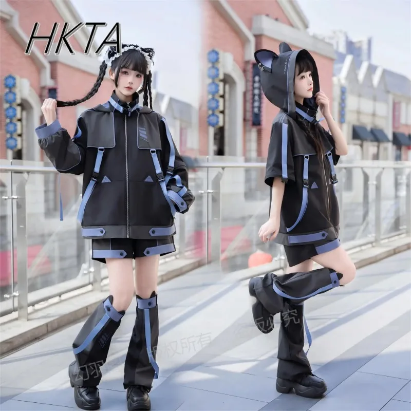 Subculture Goth Y2k-Chaqueta deportiva con mangas extraíbles para mujer, traje holgado y dulce, Top de Anime bidimensional, pantalones cortos negros y azules