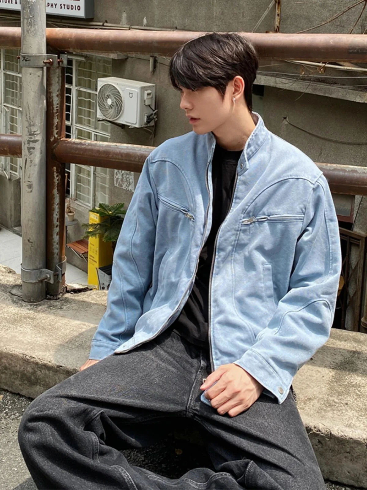 

Blue Waed Stand Collar Men's Spring Autumn Denim Jaet ort Baseball Sle Cleanfit Harrington Jaet Loose Fit Youth Trend