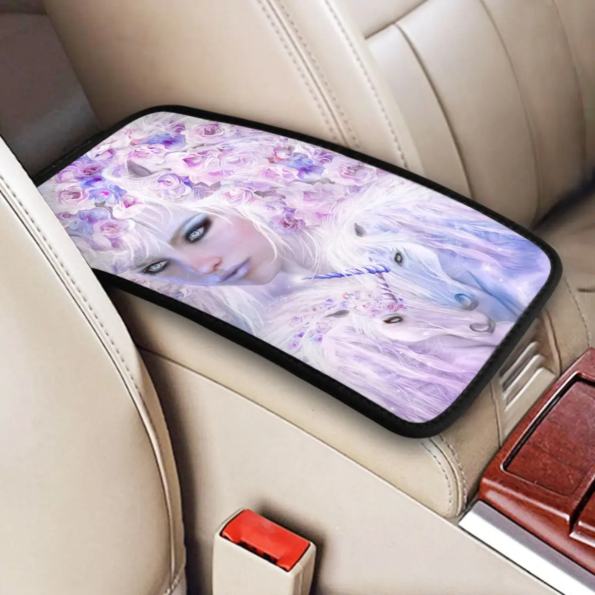 Unicorn Rose Goddess Car Accessories Car Handrail Box Cushion Custom Print Non-slip Car Armrest Cover