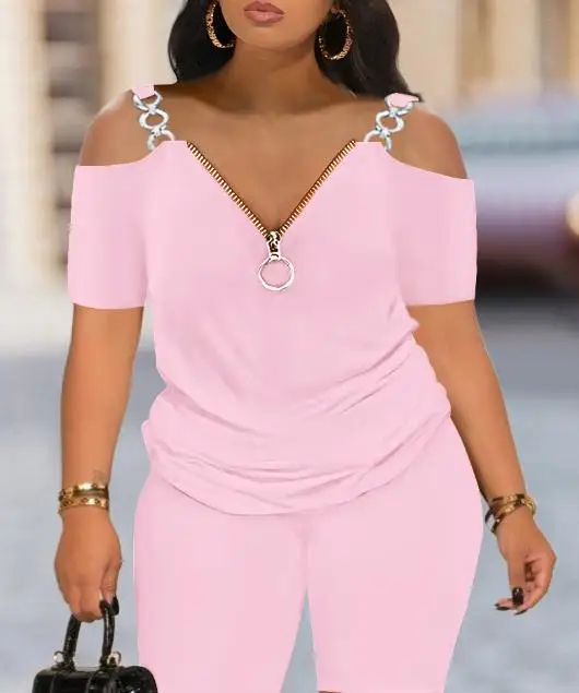 New Fashion 2023 Summer Casual Womens Two Piece Sets Outfit Elegant Cold Shoulder Zipper Design Top & Shorts Set