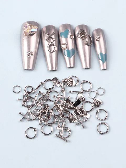 50 sztuk mieszane 3D Punk szare części metalowe ozdoby do paznokci stop Retro koło paznokcie Art Charms akcesoria do Manicure