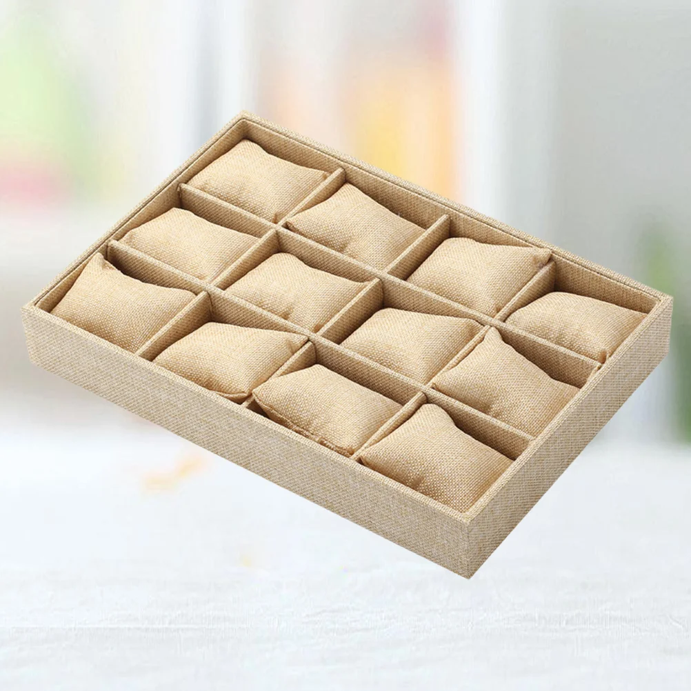 

Multi-Lattice Watch Case Linen Color Durable Density Board Watch Storage Tray Detachable Pillow Jewelry Display for Personal