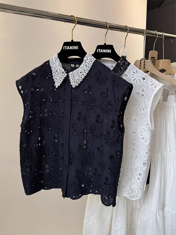 

Лето 2025: Новая женская блузка с кружевным воротником, цветочной вышивкой, универсальная, свободного кроя, в корейском стиле, с принтом, тонкая