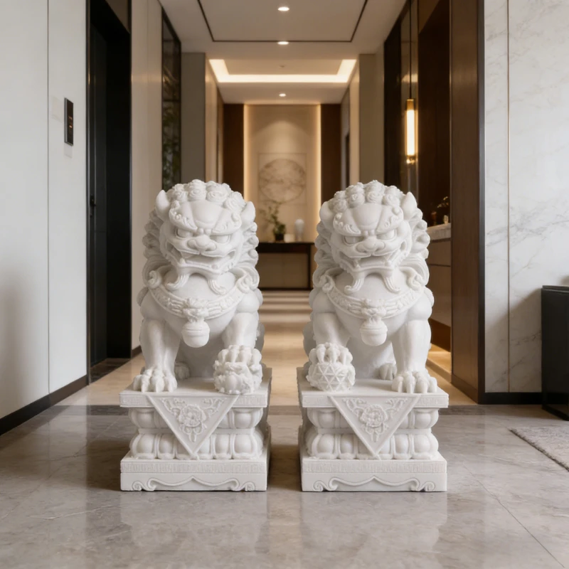 Foo Dogs Statues Pair Marble Feng Shui Guardian Lion Statues 10Cm/3.9In