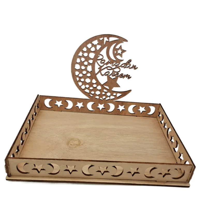 Wooden Eid Mubarak Food Tray Islamic Muslim Party Decor Moon Star Ramadan Decorations for Home Ramadan Kareem Gifts Eid Al Adha