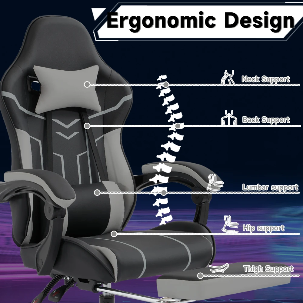 Gaming Chair with Footrest, Ergonomic Racing Computer Chair, High Back Reclining Gamer Chair with Headrest & Lumbar Pillow, Height Adjustable Swivel Office Video Game Chair for Adults PU Leather