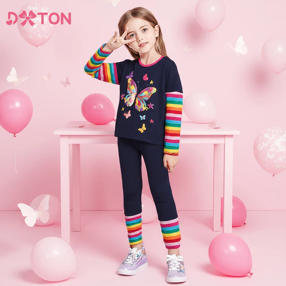 

DXTON Cotton Toddler Clothing Suit Children T-shirts+Pants Bottom Two Piece Set Striped Butterflies Print Kids Girls Casual Suit
