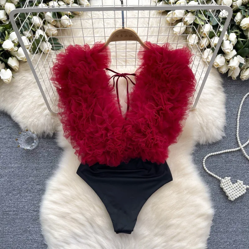Sexy 3D Flowers Spliced Sheath Bodysuits Club Lace Up V Neck Playsuits Fashion Streetwear Backless Sensual Rompers