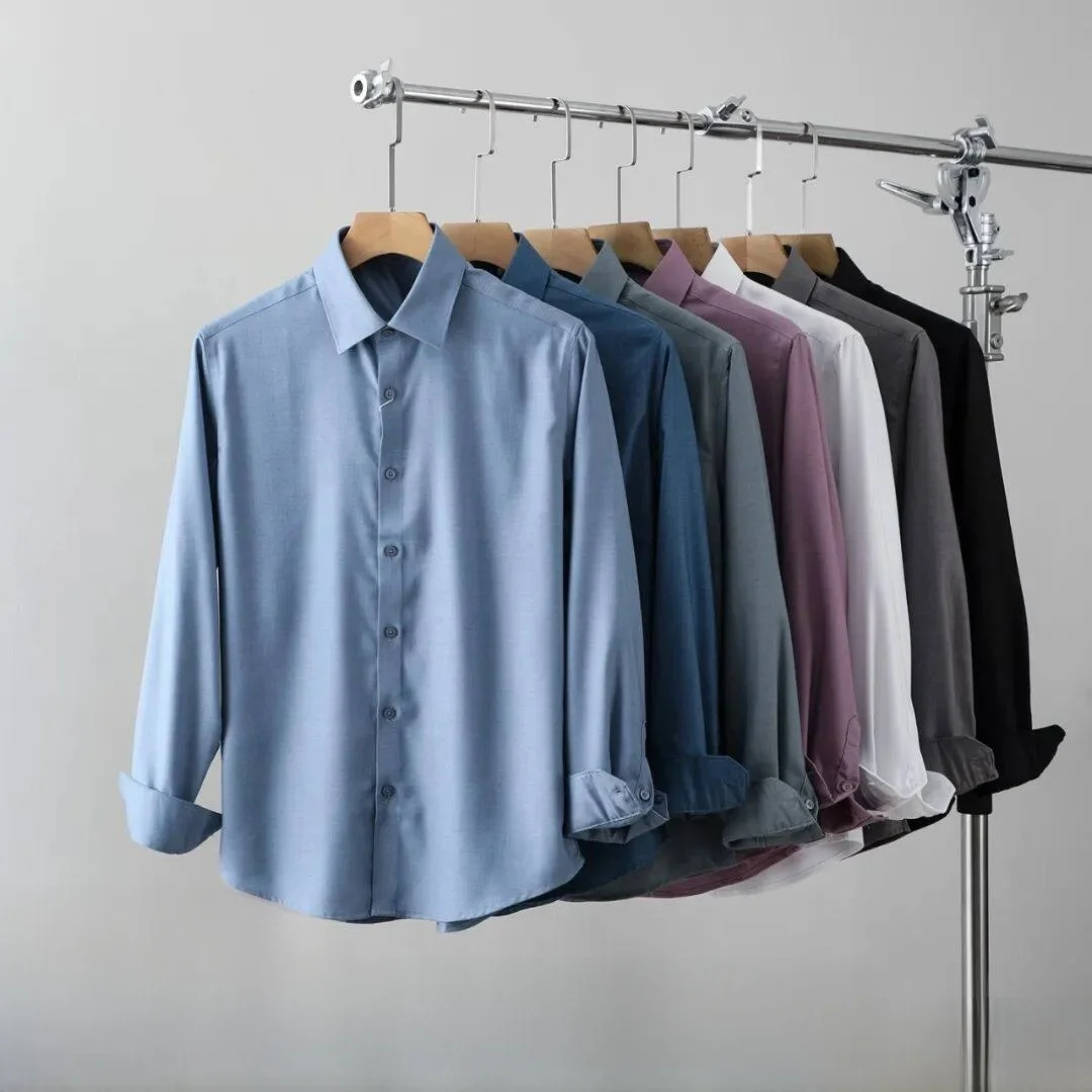 

Italian Sle Modal Wool Blend Long Sve irt Anti-Wrinkle Busin Commute Elastic Casual irt for Young Men And Women