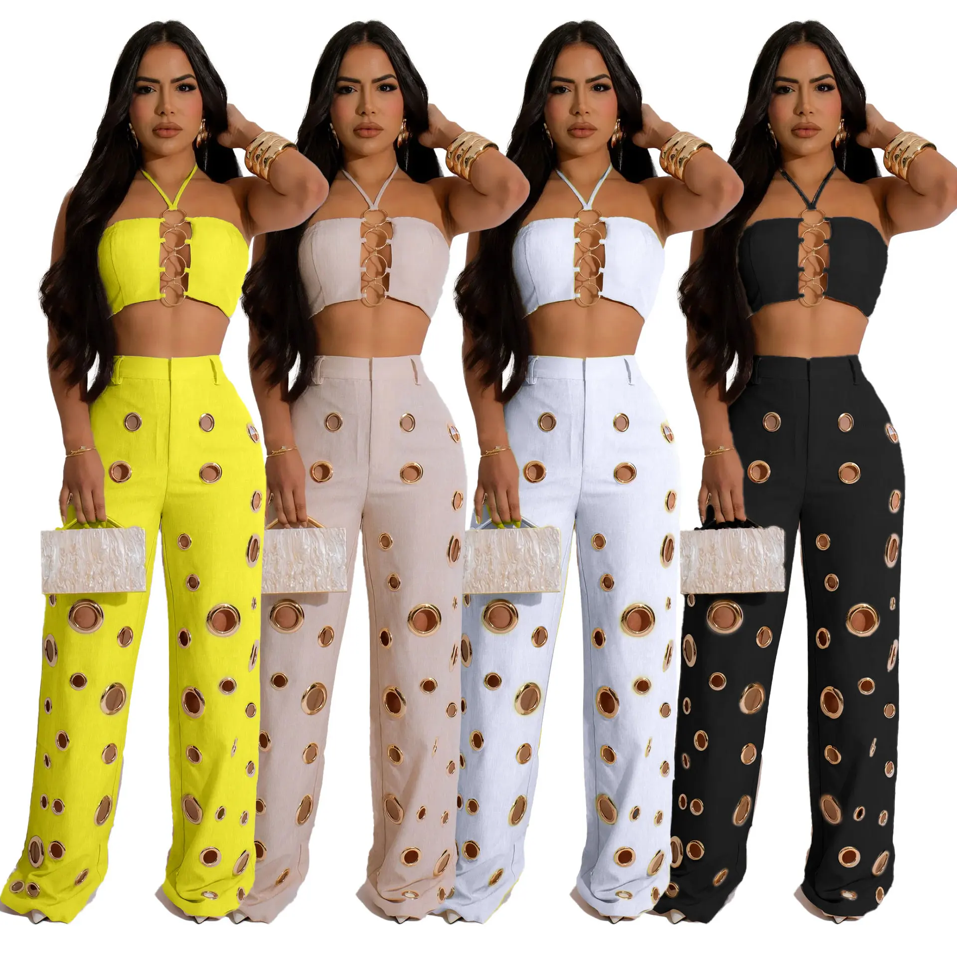 Metal Ring Hollow Out Two Piece Set Women Sexy Strapless Lace Up Halter Backless Crop Tops + Wide Leg Pants Casual Street Suits