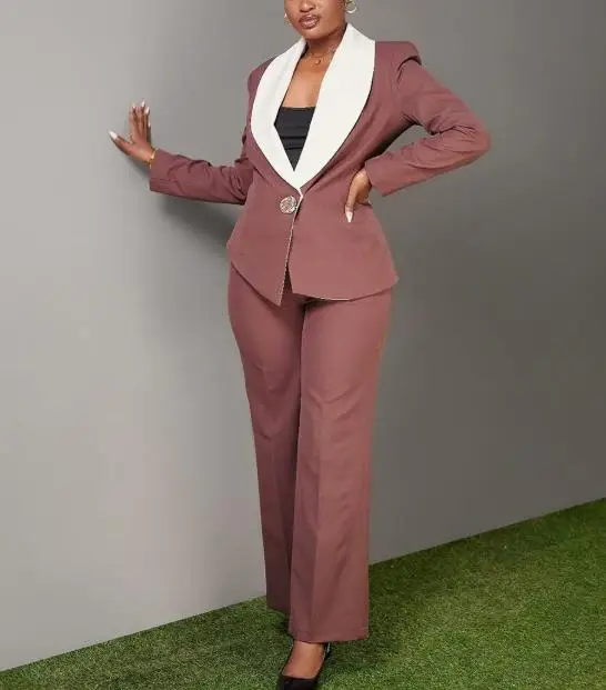 2025 우아한 출퇴근용 대비색상 큰 라펠 캐주얼 수트 여성용 투피스 세트