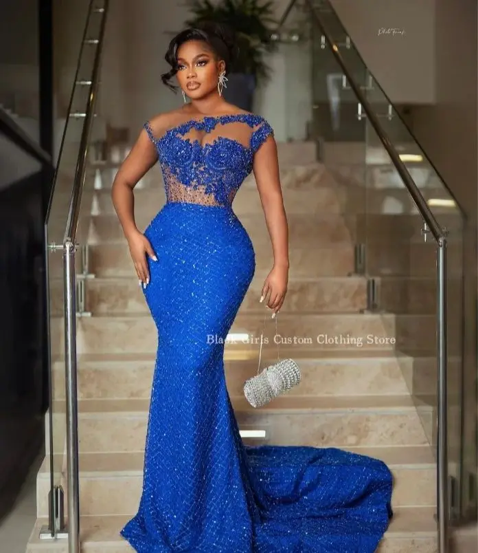 Luxury Treasure Blue Mermaid Prom Dress 2024 Sparkling Beaded Inlay Sequin Applique Black Girls Celebrity Dress abiye