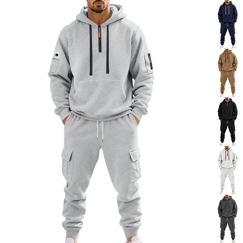 

Осенне-зимний комплект из плотного флиса с капюшоном, свободная повседневная спортивная толстовка, спортивные штаны, комплект из двух предметов для мужчин
