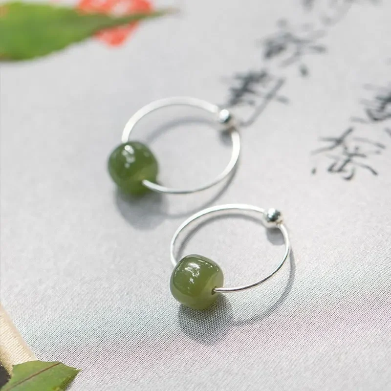 2024 New Green Natural Hetian Jade Genuine 925 Sterling Silver Hoop Earrings for Women S925 Fine Jewelry Christmas Gifts YEA592