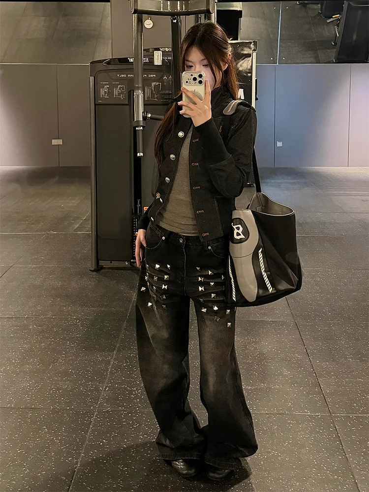 

Retro American Large Size Jeans Women's Casual Straight Leg Denim Pants Rivet Washed Loose Fit Wide Leg Long Trousers