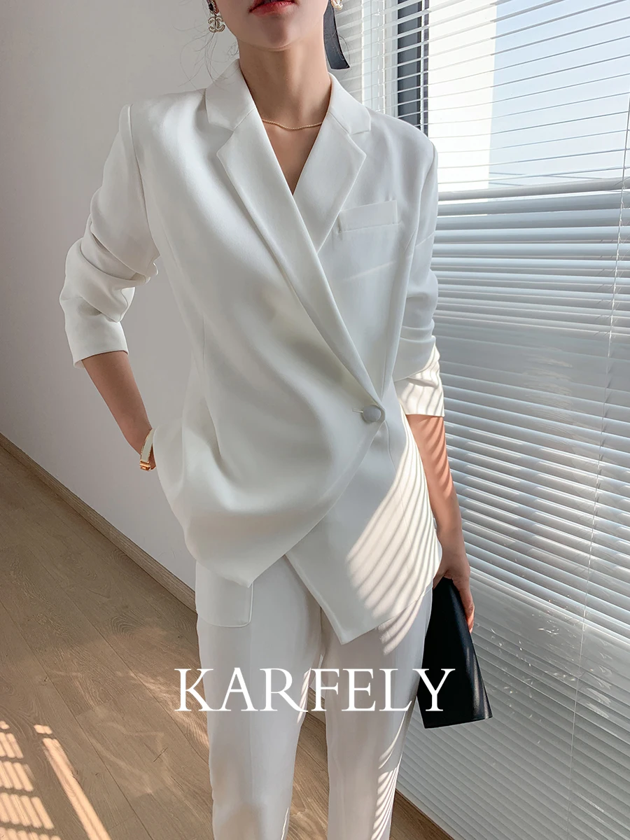 

KARFELY Новинка Весна: Женский деловой повседневный пиджак из плотного триацетата, приталенный, с длинным рукавом