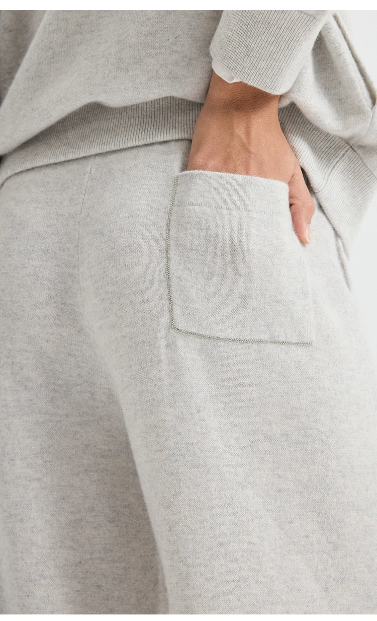 BY4621762 Damen 100% Kaschmir Weite Hose mit geripptem, elastischem Bund, Gesäßtasche, Kettenrand, entspannte Passform, Frühherbst – Detail 5